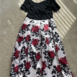Black Top with White Skirt Floral Midi Dress - Red & Black Roses